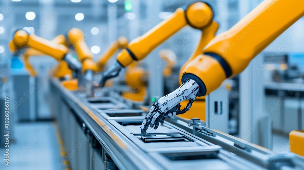 Multiple robotic arms working in sync on an assembly line, representing the future of industrial automation, focus on, futuristic, blend mode, high-tech factory setting. Multiple robotic arms working in sync on an assembly line, representing the future of industrial automation, focus on, futuristic, blend mode, high-tech factory setting.