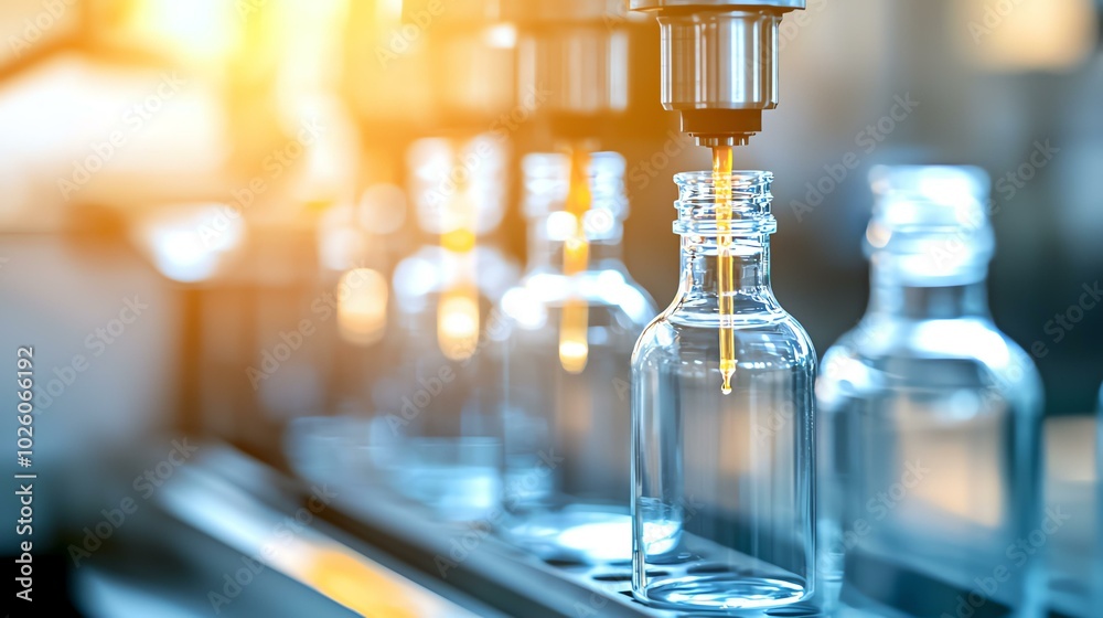 Close-up of glass bottles being filled on a production line, showcasing the speed and accuracy of modern machinery copy space, realistic, fusion, assembly line backdrop Close-up of glass bottles being filled on a production line, showcasing the speed and accuracy of modern machinery copy space, realistic, fusion, assembly line backdrop