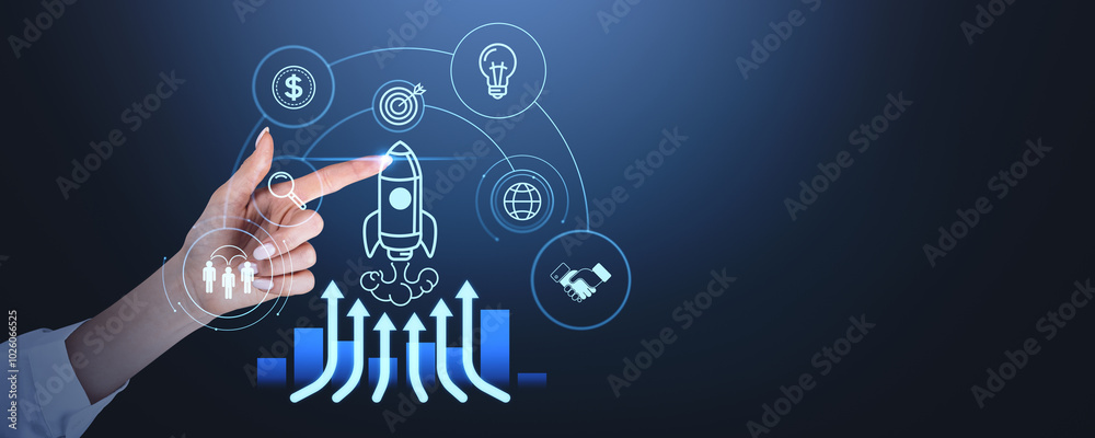 Woman hand finger touch glowing startup hologram, rocket launch and icons Woman hand finger touch glowing startup hologram, rocket launch and icons