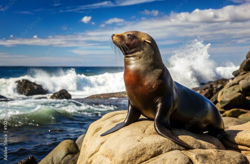 Obraz premium Show a sea lion basking on a sunlit rock, surrounded by crashing waves and a serene coastal landscape. 