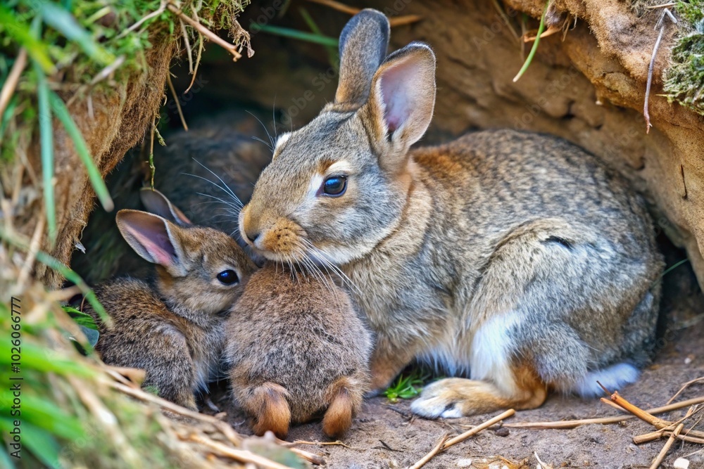 Fototapeta premium Photograph a mother rabbit grooming her fluffy kits in a cozy burrow, emphasizing their nurturing relationship. 