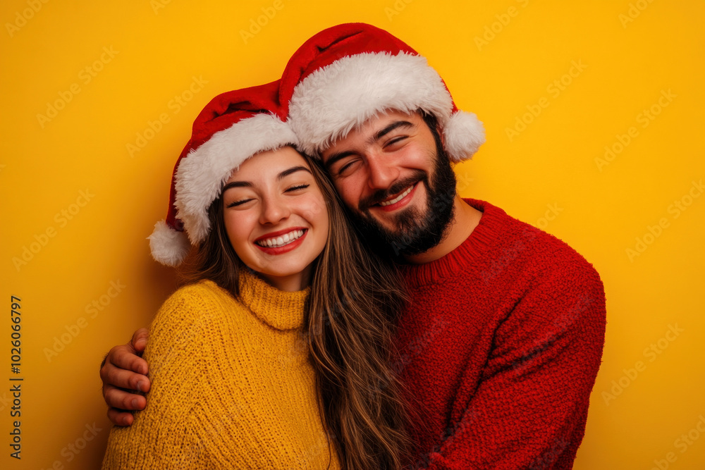 Man and woman in Santa hats hugging in front of a beautifully decorated Christmas tree.