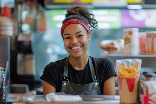 A smiling female fast food worker standing behind the counter or cashier, Food industry, Cashier counter with happy staff, Food order, Smiling woman