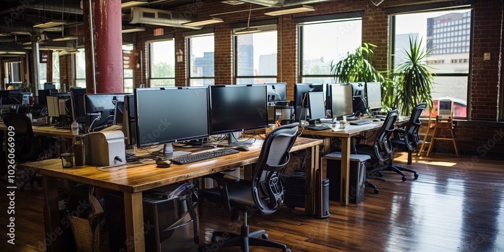 A Modern Office Space Featuring Wood Accents and Expansive Windows, Ideal for Productivity and Collaboration A Modern Office Space Featuring Wood Accents and Expansive Windows, Ideal for Productivity and Collaboration
