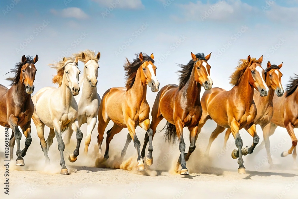 Illustrate a peaceful scene of a herd of wild horses running freely across an open field, dust rising beneath their hooves.
Illustrate a peaceful scene of a herd of wild horses running freely across an open field, dust rising beneath their hooves.