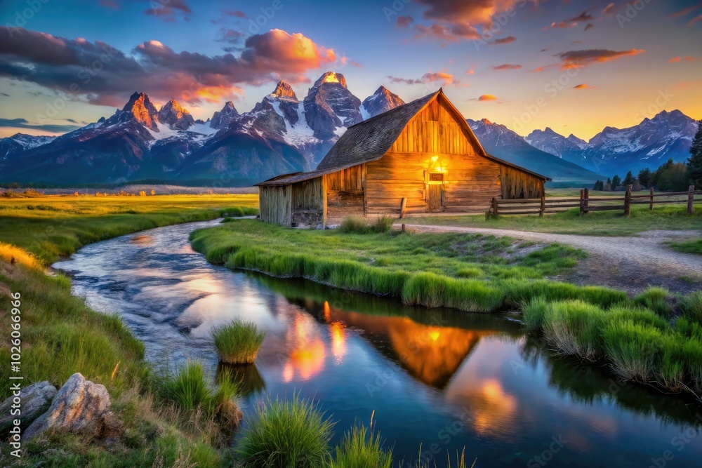 Fototapeta premium Golden summer sunset casts warm hues over the historic barn at Mormon Row, with the majestic Teton Mountains and a gentle stream reflecting nature's beauty.
