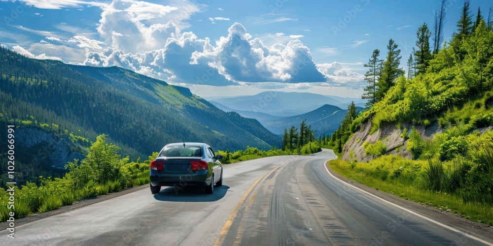 Rear view of a car driving on a scenic mountain road. Rear view of a car driving on a scenic mountain road.