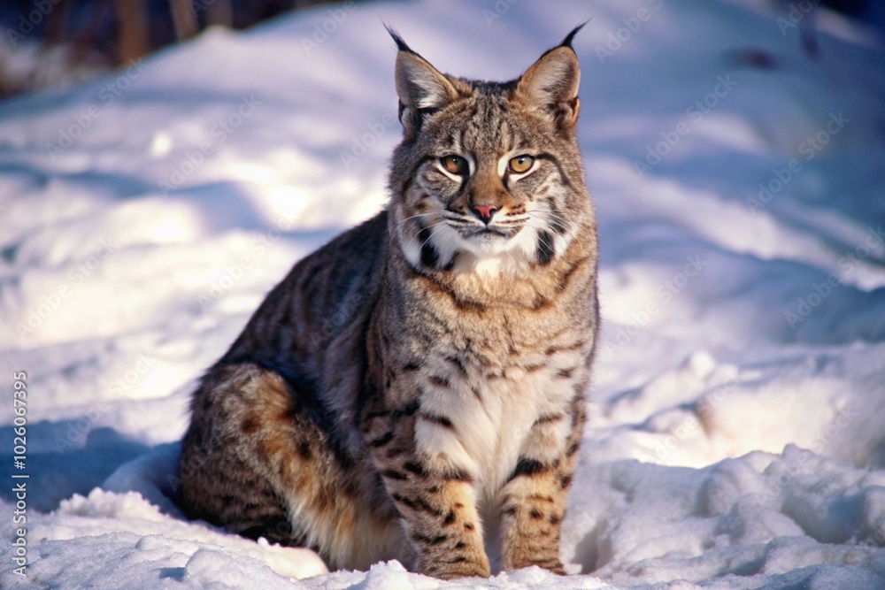 Fototapeta premium Capture a bobcat sitting quietly in the snow, its ears perked up and eyes focused, ready to pounce. 