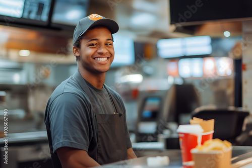 A smiling male fast food worker standing behind the counter or cashier, Food industry, Cashier counter with happy staff, Food order