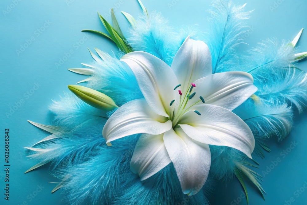 Graceful white lily set against soothing pastel blue feathers creates a touching tribute. This banner template expresses sincere condolences and pays respect to a lost loved one. Graceful white lily set against soothing pastel blue feathers creates a touching tribute. This banner template expresses sincere condolences and pays respect to a lost loved one.