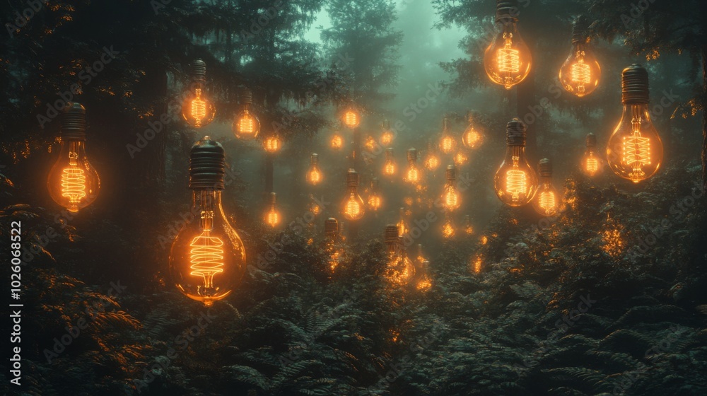 Glowing light bulbs hang in a misty forest, illuminating the lush greenery. Glowing light bulbs hang in a misty forest, illuminating the lush greenery.