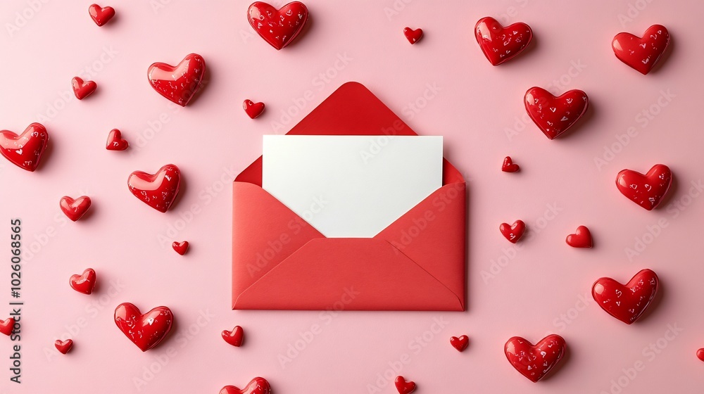 Red paper envelope a blank white note inside surrounded by scattered Valentines hearts on a pink background creating a romantic love letter mockup for Valentines Day Red paper envelope a blank white note inside surrounded by scattered Valentines hearts on a pink background creating a romantic love letter mockup for Valentines Day