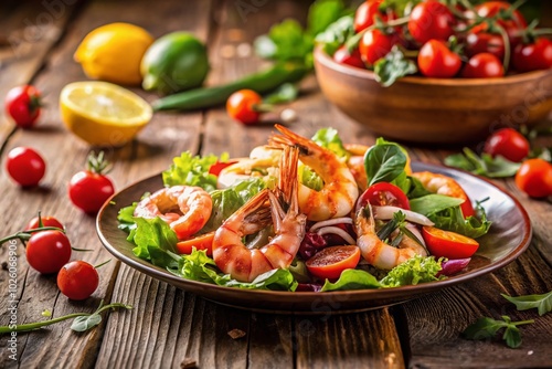 Fresh Shrimps with Colorful Salad in a Bowl - Healthy Seafood Dish for Food Lovers