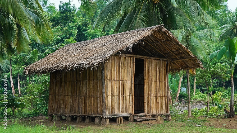 Traditional Bamboo Hut Surrounded by Greenery Traditional Bamboo Hut Surrounded by Greenery