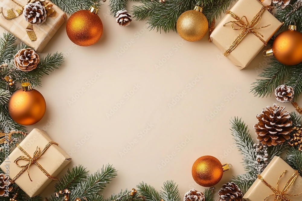 Welcoming Holidays Top view of present boxes, rich orange and gold tree ornaments, pine cones, serpentine and frosty fir twigs on soft beige backdrop, providing room for your custom message or advert Welcoming Holidays Top view of present boxes, rich orange and gold tree ornaments, pine cones, serpentine and frosty fir twigs on soft beige backdrop, providing room for your custom message or advert