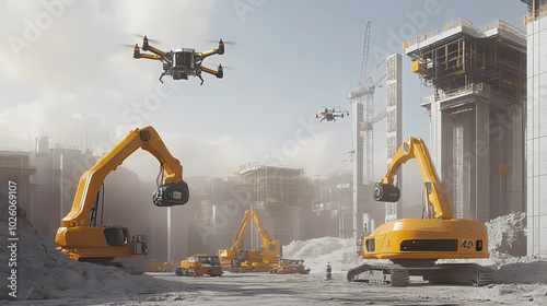 Generative AI, Futuristic Construction Site with Autonomous Drones and Robotic Assembly
 photo