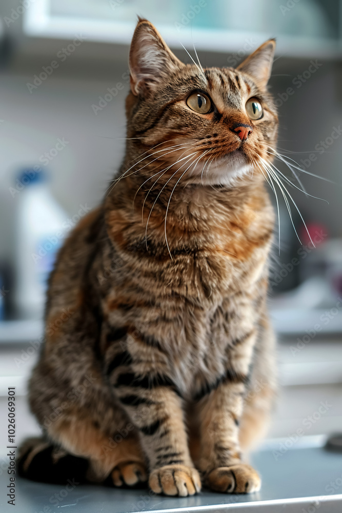 tabby cat sitting calmly on veterinary examination table, showcasing its striking fur patterns and attentive expression. setting suggests caring environment for pets tabby cat sitting calmly on veterinary examination table, showcasing its striking fur patterns and attentive expression. setting suggests caring environment for pets