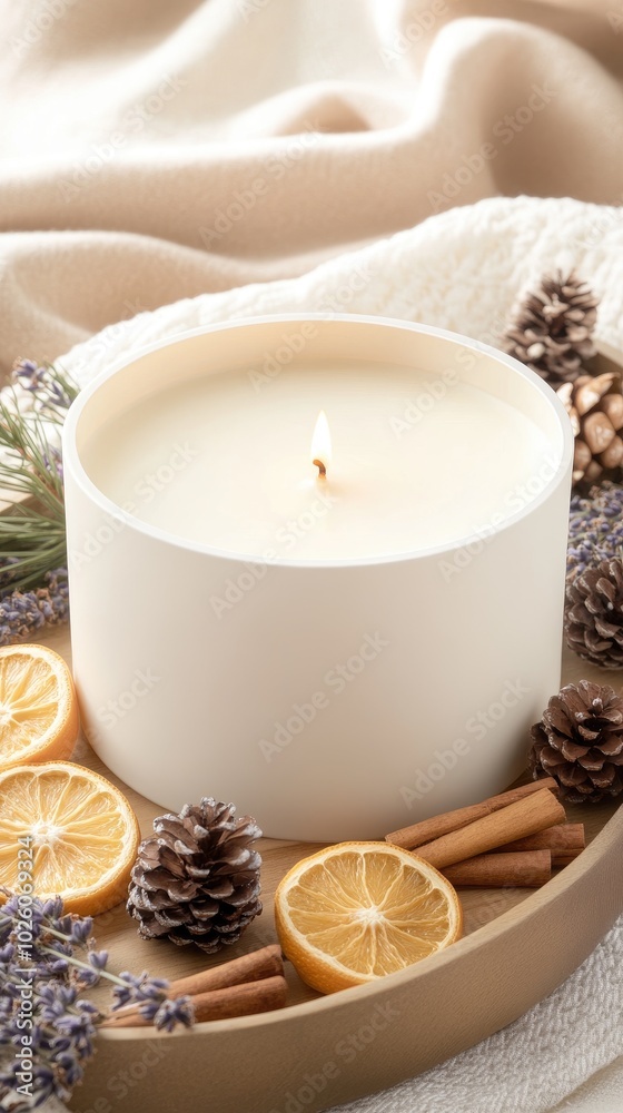 A rich brown candle burns softly in an elegant jar, surrounded by dried orange slices, pine cones, and lavender, creating a warm and inviting atmosphere