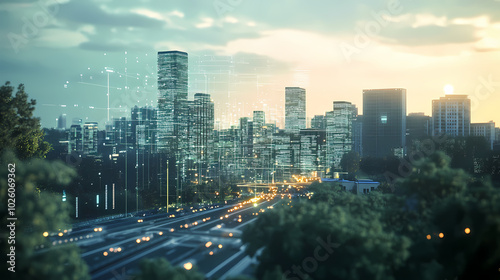 Generative AI, Digital Representation of City Skyline with Real-Time Traffic and Energy Overlays
 photo