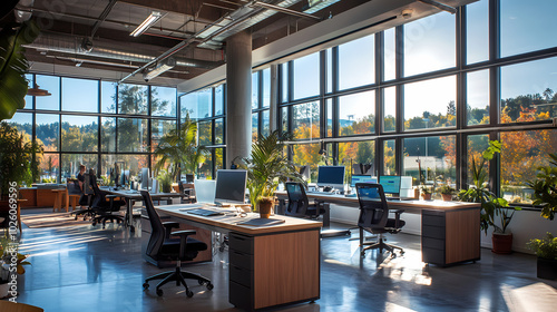 Generative AI, Ergonomic Office Design with Standing Desks and Large Windows
 photo