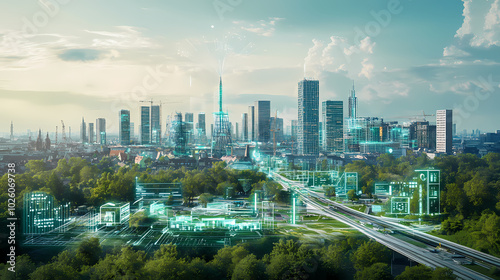Generative AI, Smart City Development with Interconnected Buildings and Advanced Transport
 photo