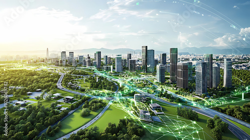 Generative AI, Panoramic View of Smart City Construction with Green Spaces and Technology
 photo