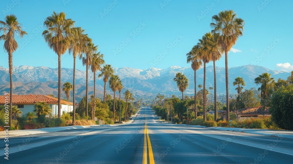 Scenic Palm Lined Avenue with Mountain View Scenic Palm Lined Avenue with Mountain View