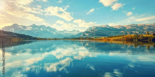 Tranquil lake view with reflections of mountains.