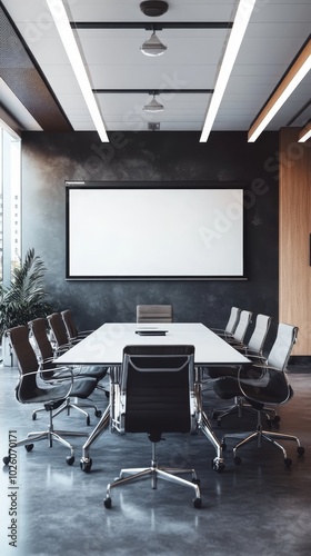 A professional meeting room setting, featuring a long conference table, ergonomic chairs, and technology for presentations.