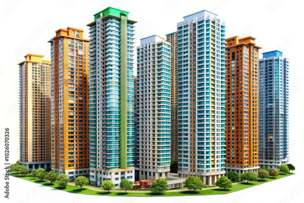 Obraz premium High-rise residential buildings stand isolated against a white backdrop, showcasing urban architecture and emphasizing real estate opportunities in modern city landscapes.