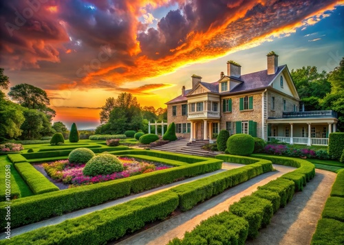 Historic Glenview Mansion, surrounded by stunning formal gardens, showcases breathtaking beauty at sunset in Rockville, Maryland, creating a picturesque and serene landscape. photo