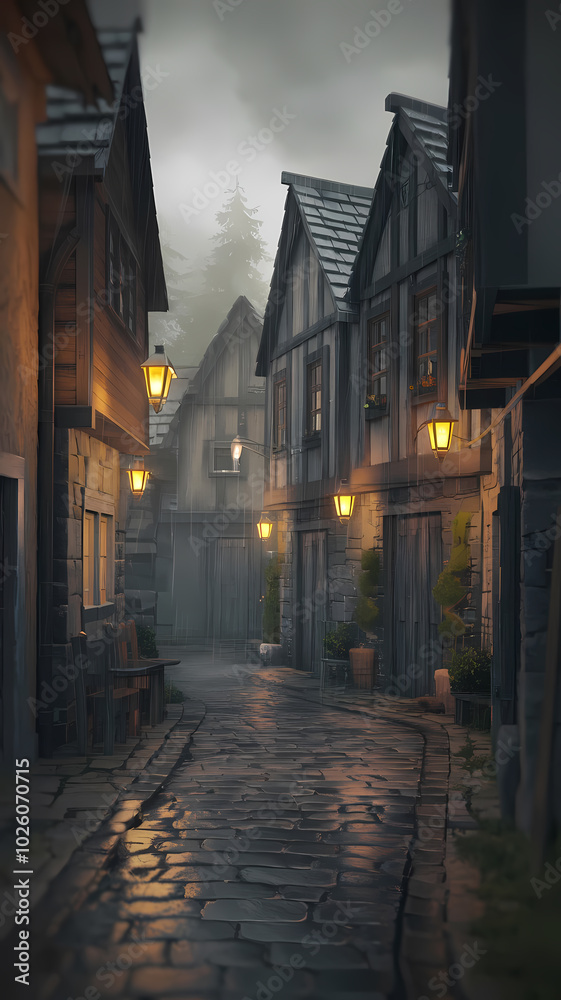Quaint medieval alleyway with cobblestone path, illuminated lamps, and misty atmosphere creating a mysterious ambiance. Quaint medieval alleyway with cobblestone path, illuminated lamps, and misty atmosphere creating a mysterious ambiance.