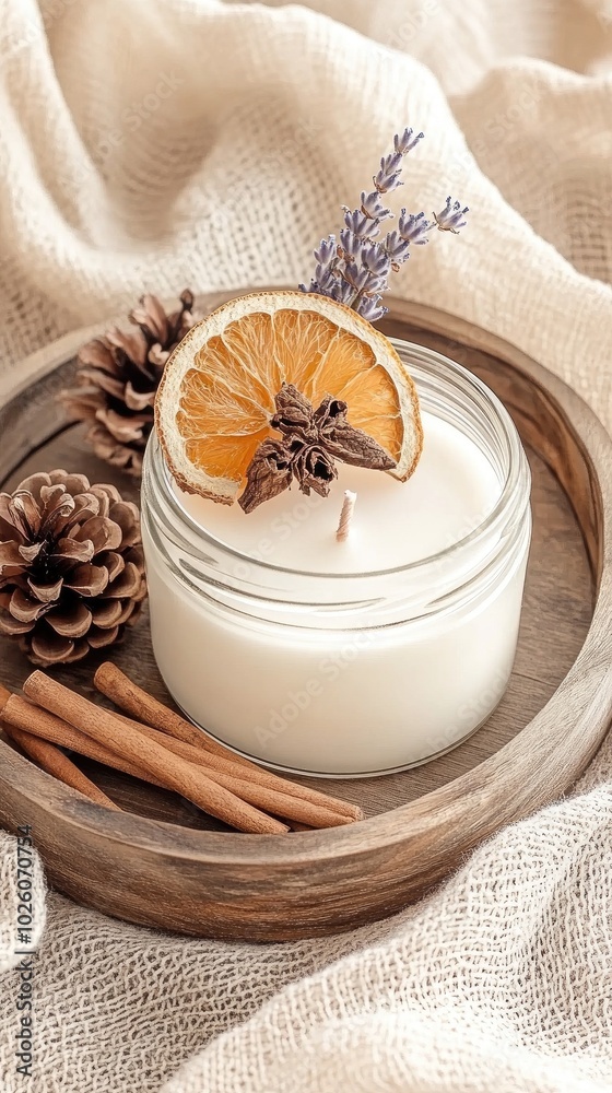 A rich brown candle burns softly in an elegant jar, surrounded by dried orange slices, pine cones, and lavender, creating a warm and inviting atmosphere A rich brown candle burns softly in an elegant jar, surrounded by dried orange slices, pine cones, and lavender, creating a warm and inviting atmosphere