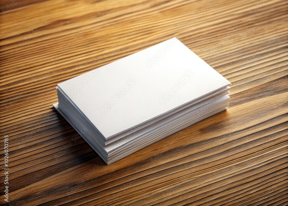 Fototapeta premium Horizontal mockup featuring stacked blank white business cards on a wooden table, perfect for customization. Showcase your personal style and branding with ease and professionalism.