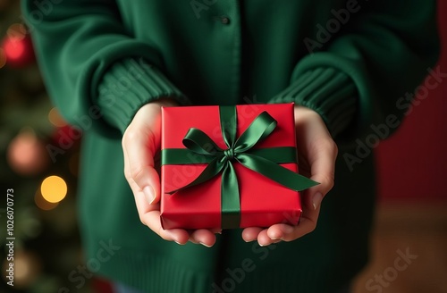 Woman in a green sweater holds a christmas red gift