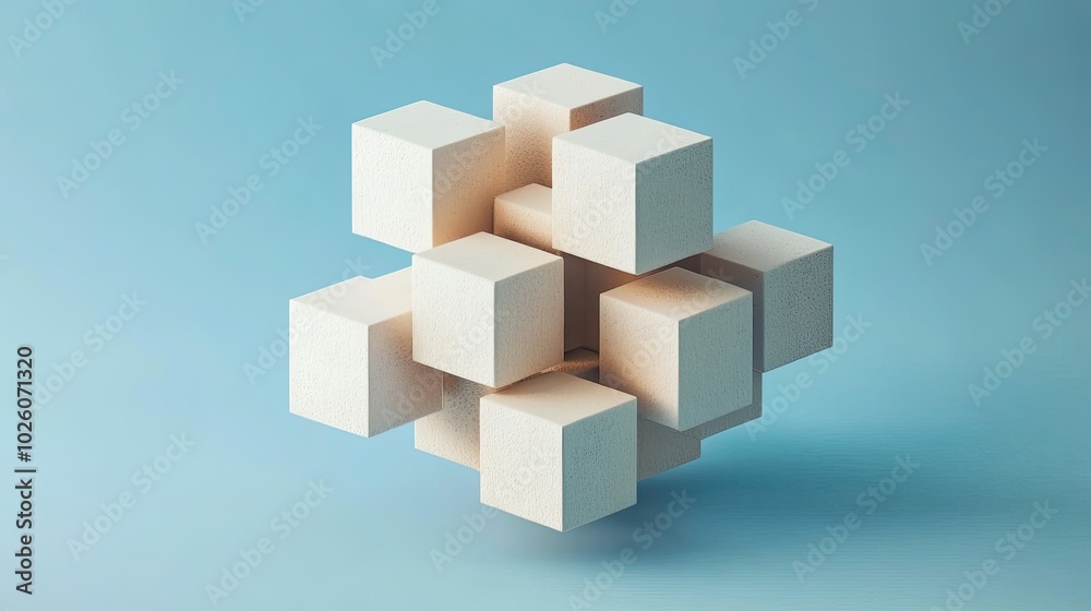 A cluster of white cubes arranged in a geometric pattern on a blue background. A cluster of white cubes arranged in a geometric pattern on a blue background.