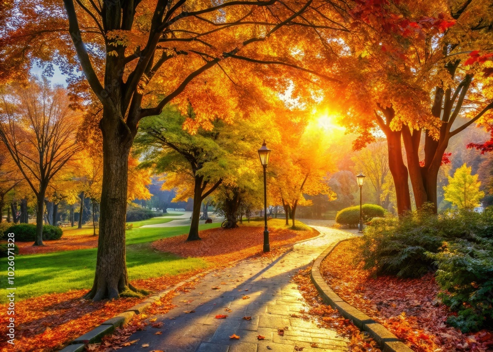 Naklejka premium Illuminated by soft autumn light, a tranquil park reveals colorful foliage and peaceful pathways, inviting visitors to enjoy a serene escape beneath nature's vibrant display.