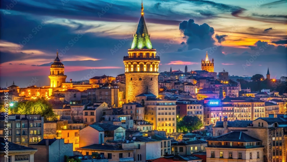 Fototapeta premium Illuminated Galata Tower stands majestically against Istanbulâ€™s vibrant skyline, showcasing the perfect blend of historic charm and contemporary energy in Turkeyâ€™s bustling nighttime scene.