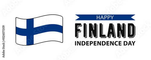 Finland Independence Day, simple minimalist web banner design. Text Happy Finland Independence Day and Finnish flag isolated on white background.