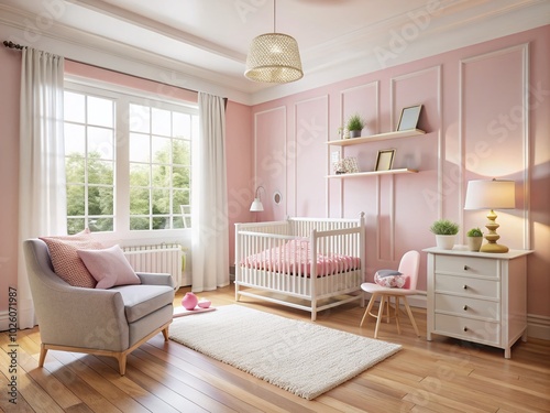 Long Exposure of a Serene Pink and White Nursery Room with Pastel Colors