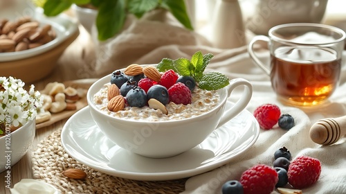 A healthy breakfast spread featuring overnight oats topped with fresh berries, nuts, and honey, served with a cup of herbal tea on a cozy breakfast table