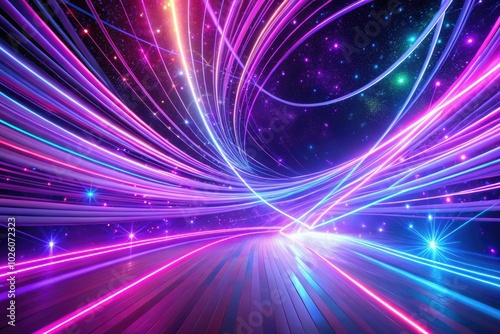 Immerse yourself in a stunning 3D animation featuring ultraviolet backgrounds, neon lines, and glowing trails, creating an enchanting loop that captivates the imagination.