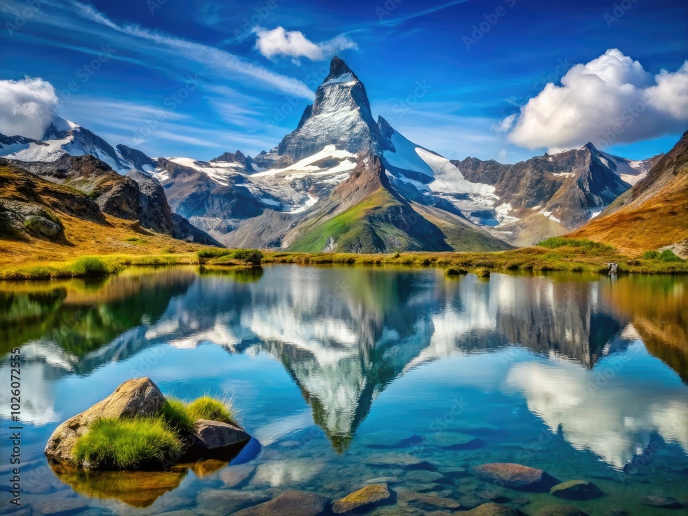 Immerse yourself in the stunning Swiss Alps during summer, where Stellisee Lake beautifully mirrors the Matterhorn, creating a breathtaking scene in Zermatt's landscape. Immerse yourself in the stunning Swiss Alps during summer, where Stellisee Lake beautifully mirrors the Matterhorn, creating a breathtaking scene in Zermatt's landscape.