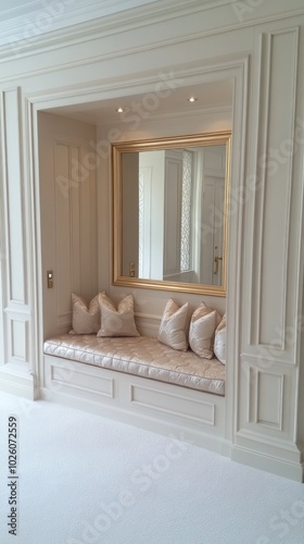A stylish built-in bench offers comfort with soft cushions and decorative pillows, complemented by a mirror and fresh flowers in a serene, light-filled room