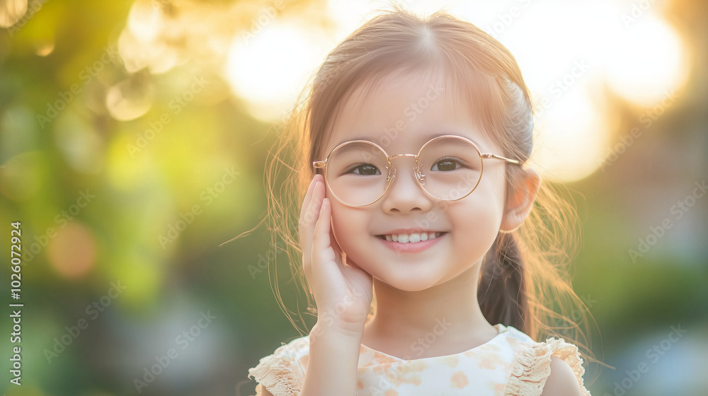 Smiling girl with glasses, hand on cheek, in a sunny outdoor setting. Smiling girl with glasses, hand on cheek, in a sunny outdoor setting.