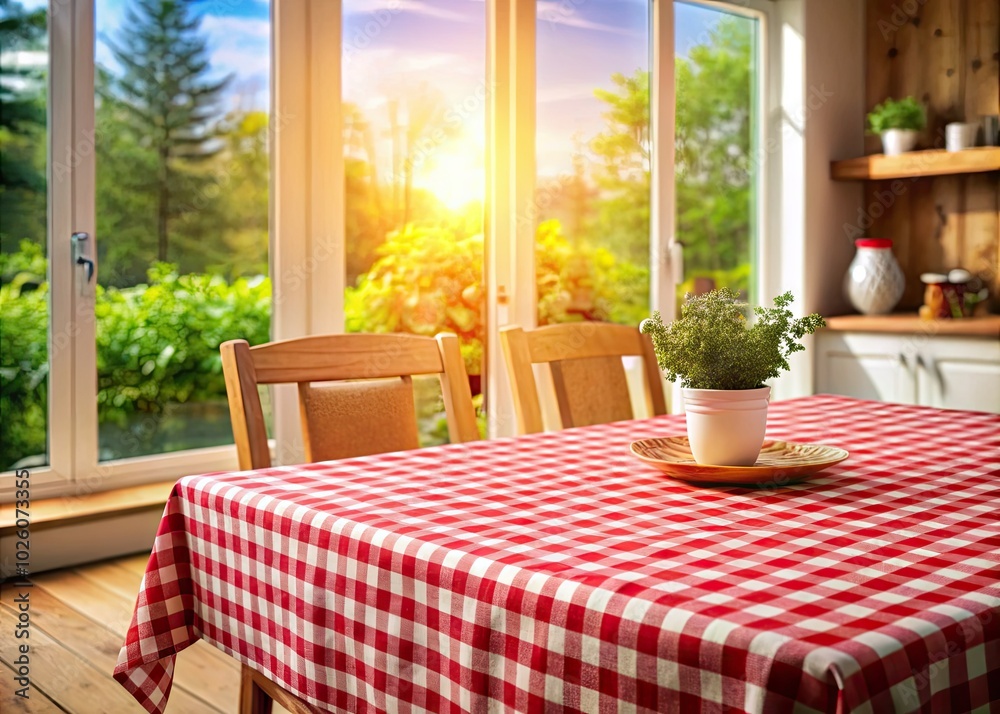 Fototapeta premium In a charming dining space, a red checked tablecloth covers a wooden table, while a hazy window in the background enhances the cozy atmosphere.