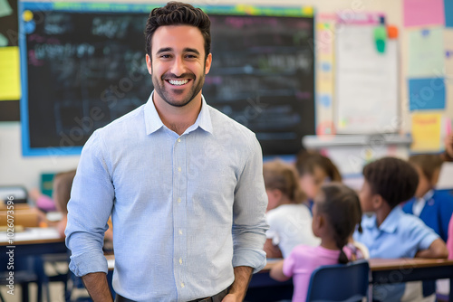 A smiling male elementary school teacher standing in front of the blackboard in a classroom, Happy teacher giving a lesson, Education professional at work
