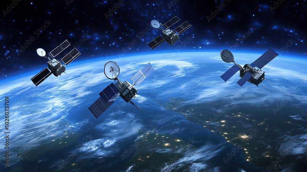 Four satellites orbit Earth against a starry backdrop. Four satellites orbit Earth against a starry backdrop.