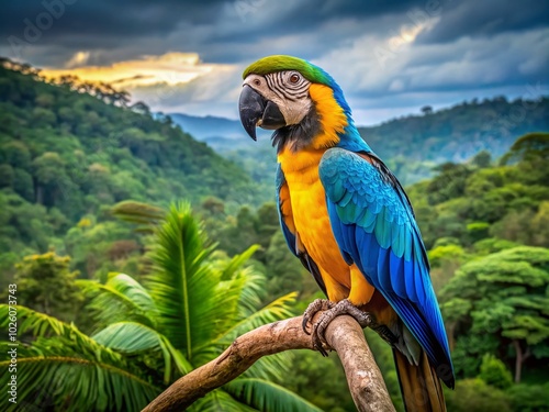 Closeup of a Vibrant Blue and Yellow Macaw Ara ararauna in Nature - Exotic Wildlife Photography photo