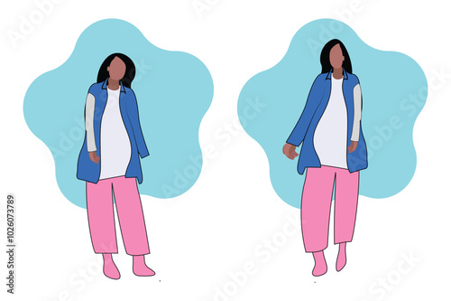 Beautiful pregnant woman, Pregnant women with stretch marks on the stomach. parenthood, Flat vector illustration Hand drawn style